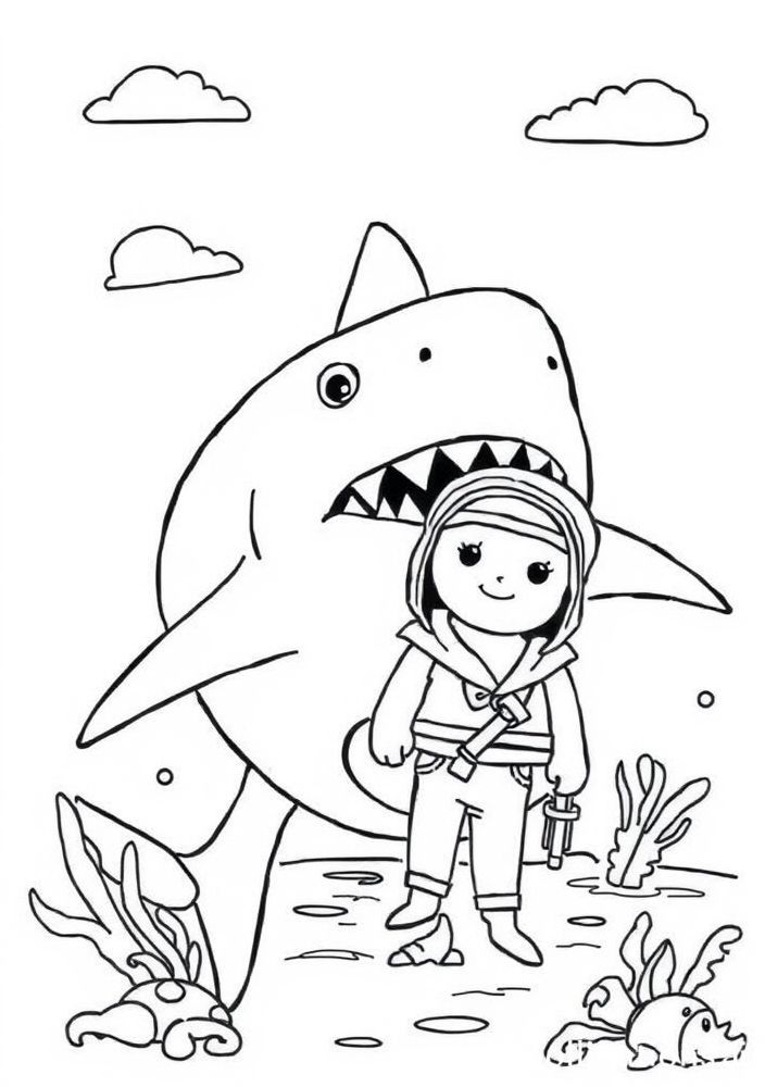 Desenho de Tubarão e Náufrago para colorir