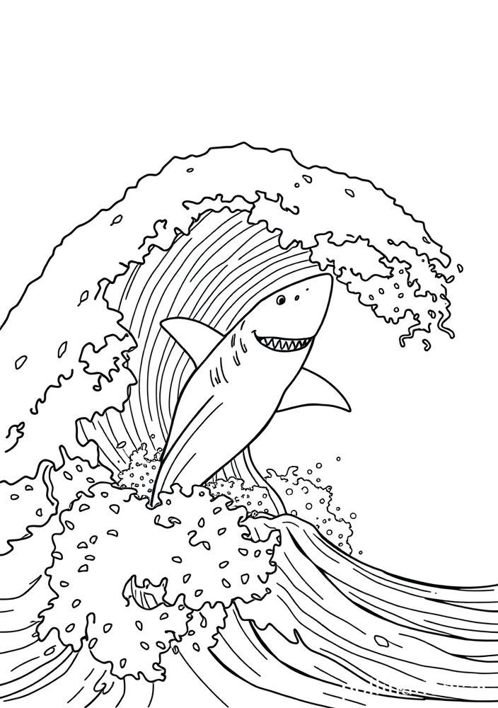 Desenho de Tubarão e Onda Gigante para Colorir