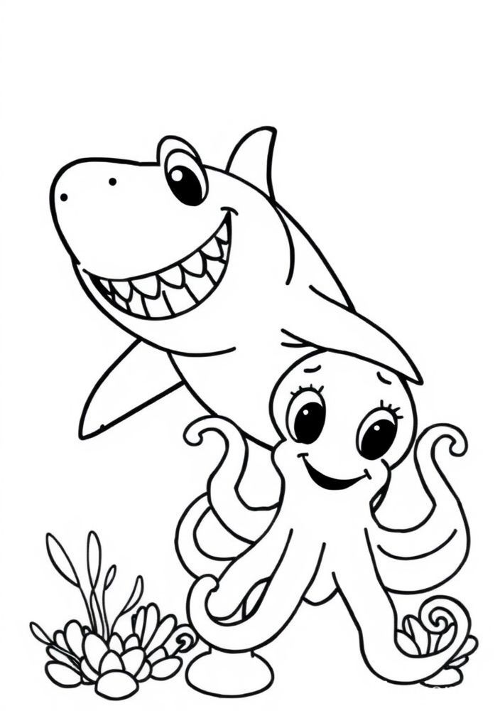 Desenho de Tubarão e Polvo Amigo para colorir