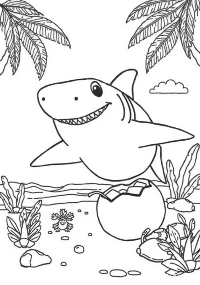 Desenho de Tubarão e Praia para Colorir