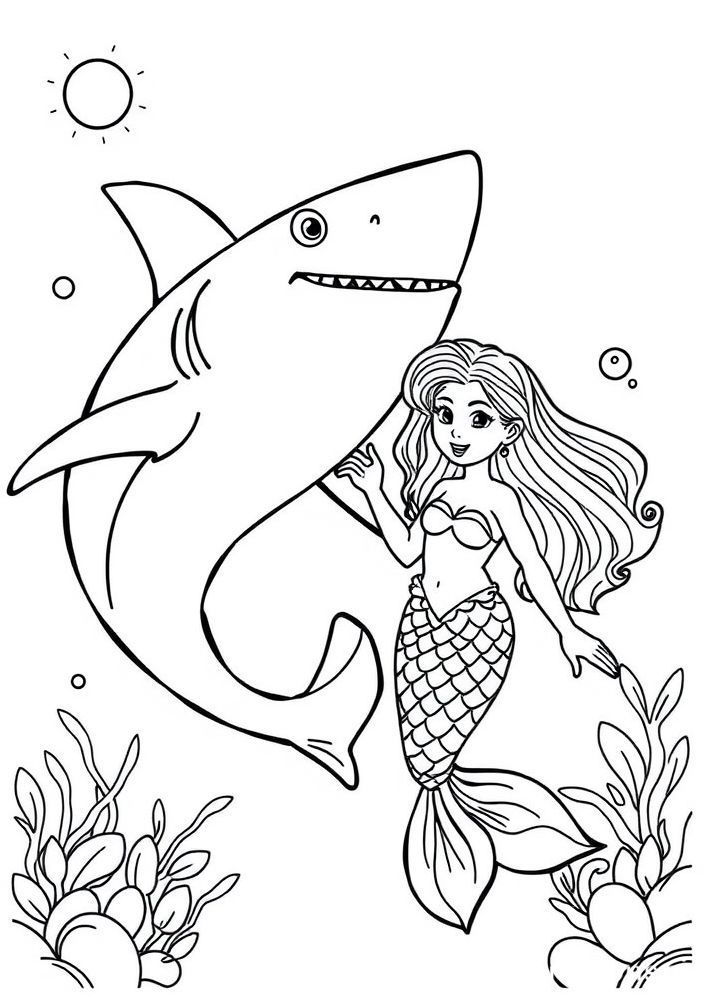 Desenho de Tubarão e Sirena em Amizade para Colorir