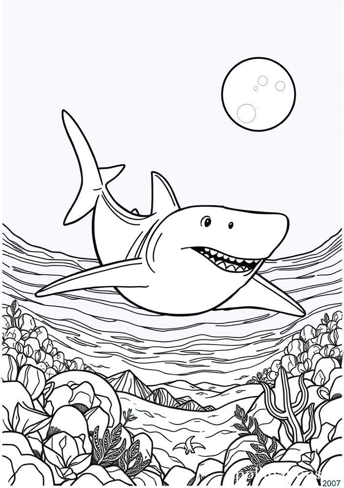 Desenho de Tubarão e a Lua Cheia para colorir