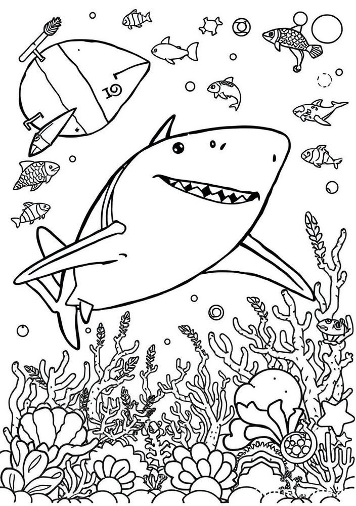 Desenho de Tubarão e outros habitantes do mar para colorir