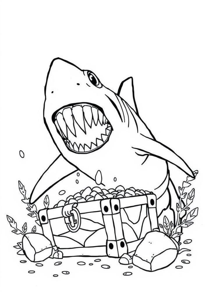 Desenho de Tubarão e tesouro subaquático para Colorir