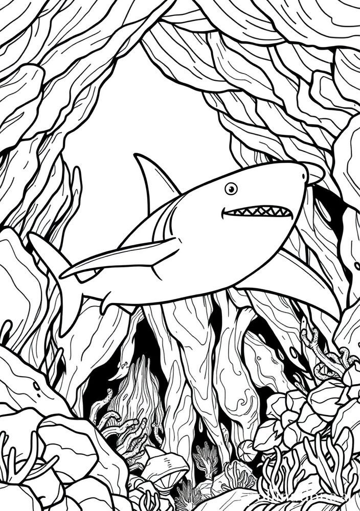 Desenho de Tubarão em Aventura Submarina para Colorir