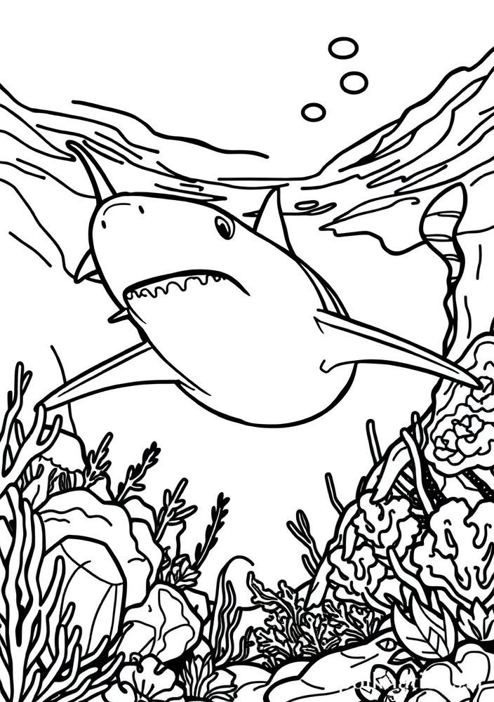 Desenho de Tubarão em um Cenário Subaquático para Colorir