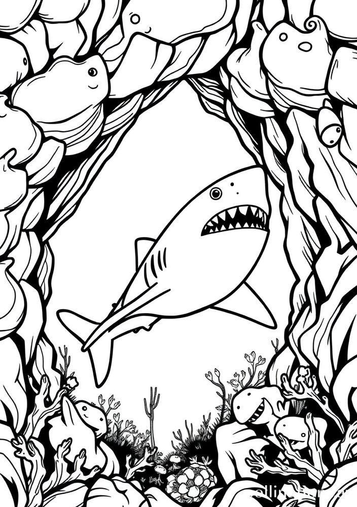 Desenho de Tubarão em uma Caverna Marinha para Colorir