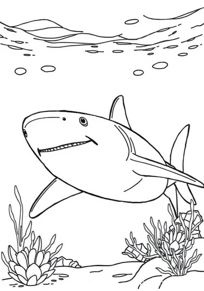 Desenho de Tubarão no Fundo do Mar para Colorir