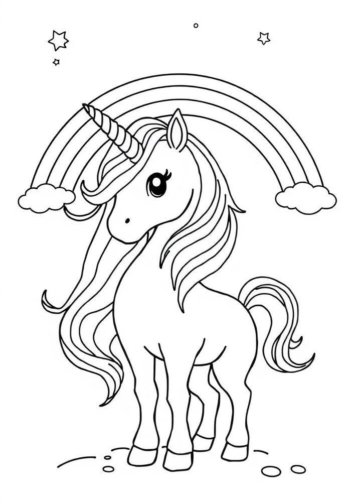 Desenho de Unicórnio com arco-íris para colorir