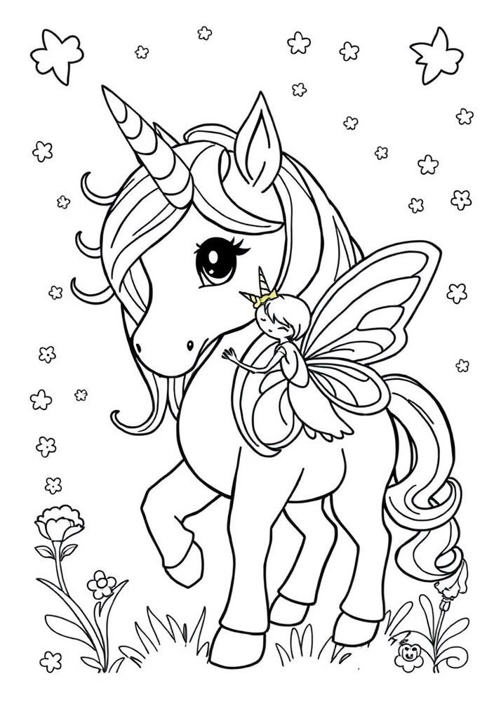 Desenho de Unicórnio e sua amiguinha fada para colorir
