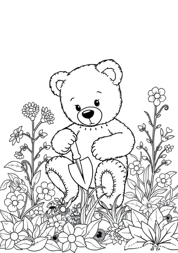 Desenho de Ursinho ajudando a Jardinagem para colorir