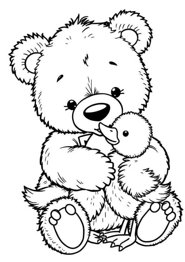 Desenho de Ursinho brincando com um Pato para colorir