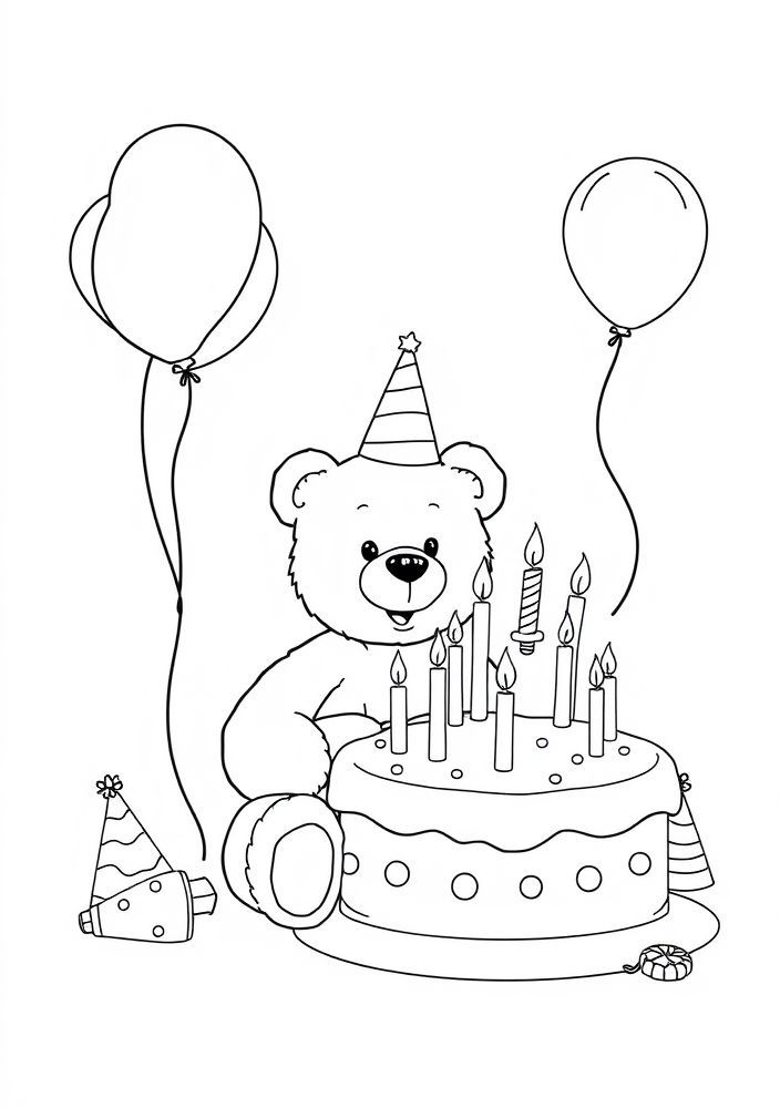 Desenho de Ursinho de aniversário com bolo para colorir