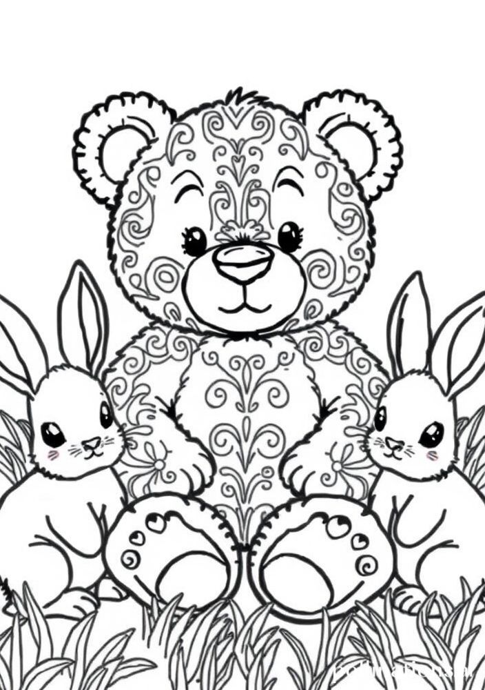 Desenho de Ursinho e sua Amiga Coelhinhos para colorir