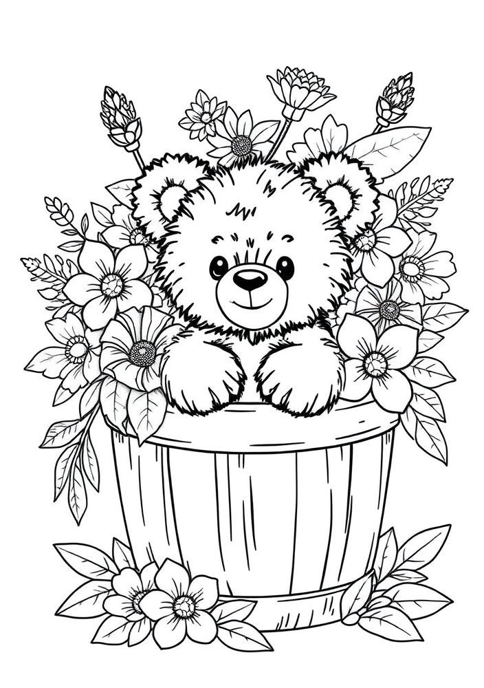 Desenho de Ursinho em um Balde de Flores para colorir
