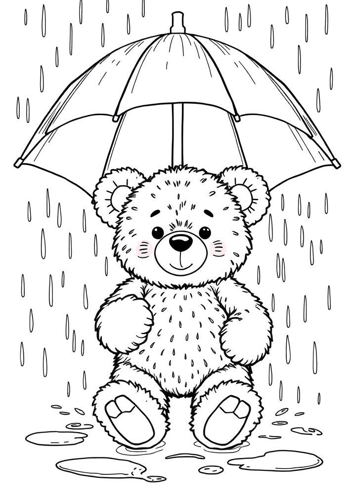 Desenho de Ursinho na Chuva com Guarda-chuva para colorir