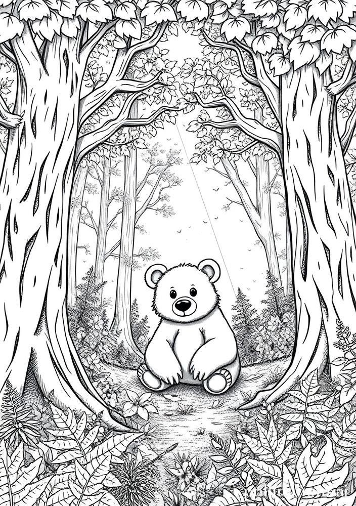 Desenho de Ursinho na Floresta para colorir