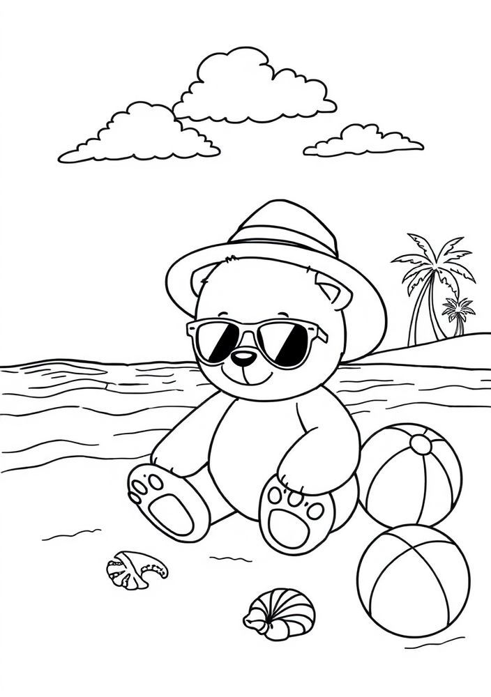 Desenho de Ursinho na Praia para colorir