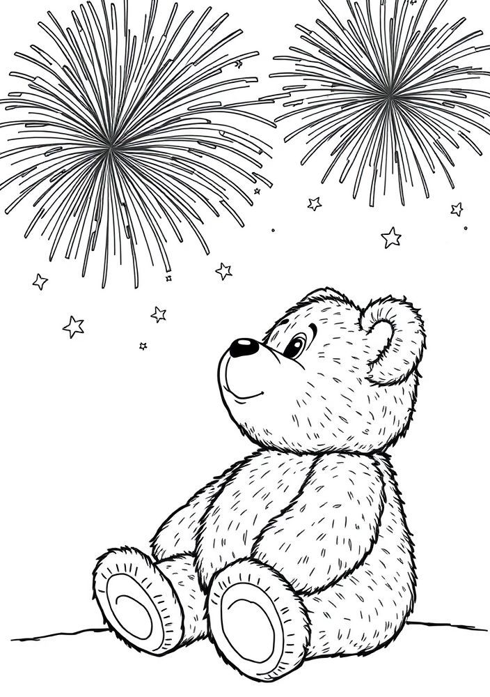 Desenho de Ursinho no Festival de Fogo de Artifício para colorir