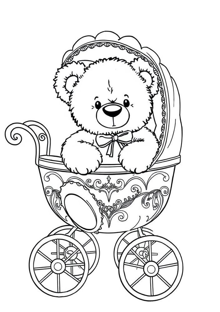 Desenho de Ursinho num Carrinho de Bebe para colorir