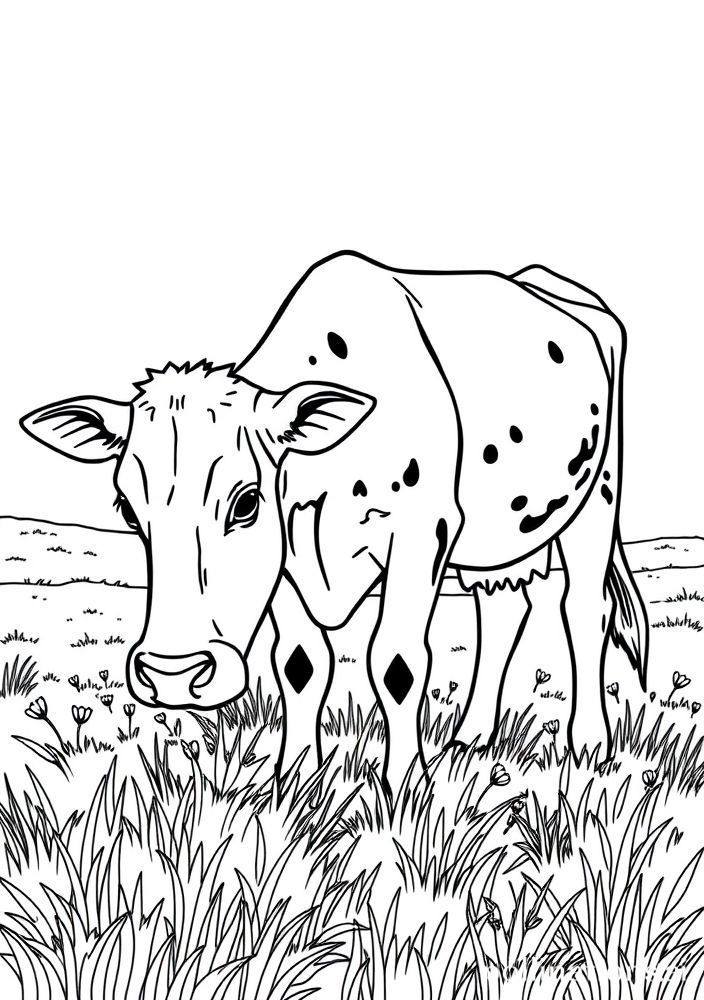 Desenho de Vaca Pastando em um Campo para colorir