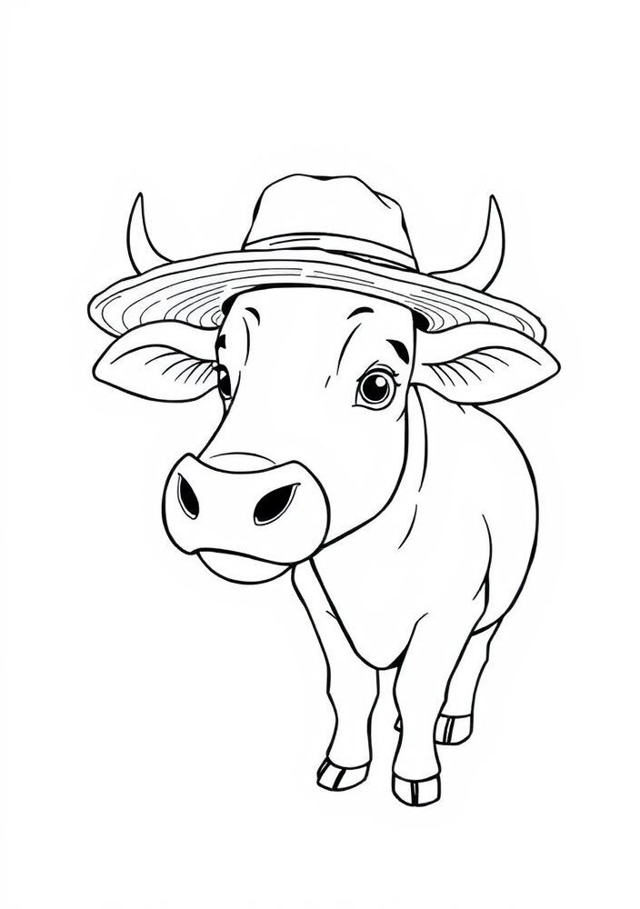 Desenho de Vaca com Chapéu de Palha para colorir