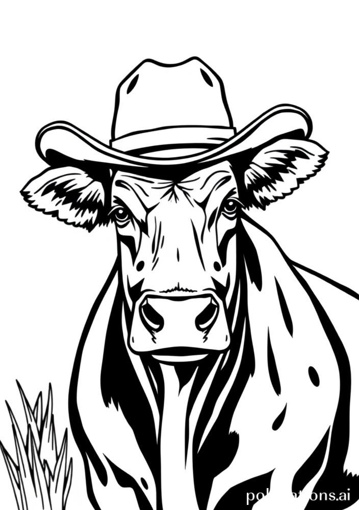 Desenho de Vaca com chapéu de cowboy para colorir
