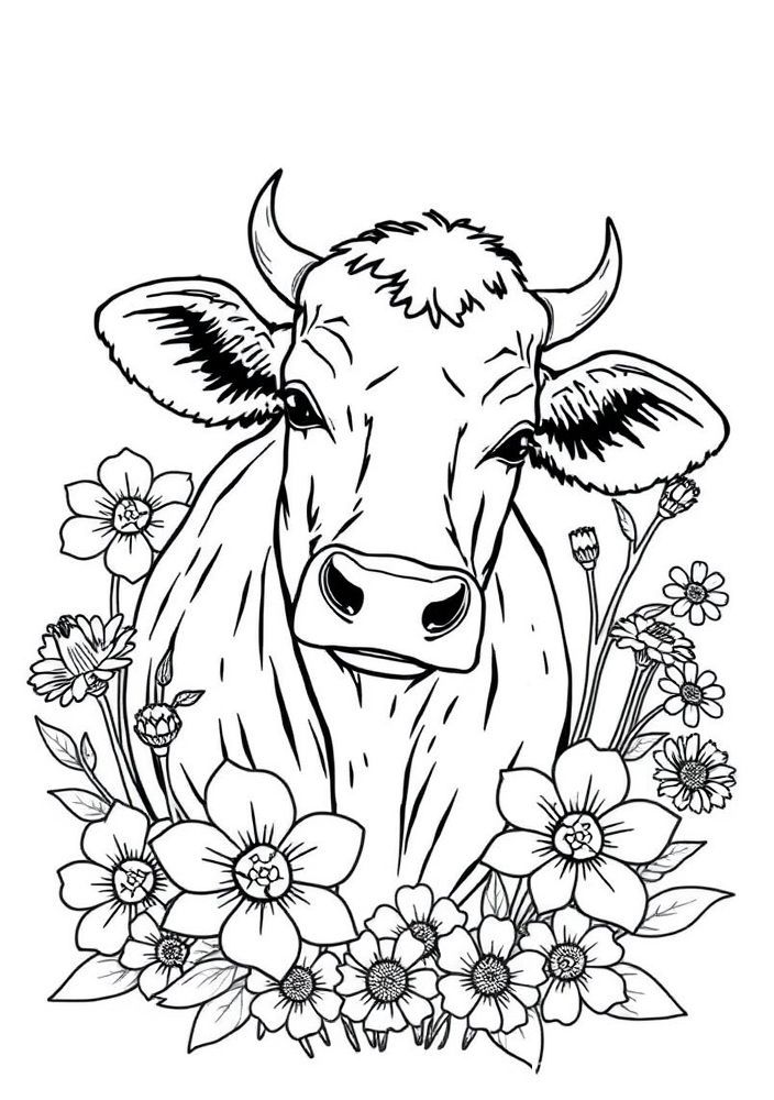 Desenho de Vaca com flores em volta para colorir