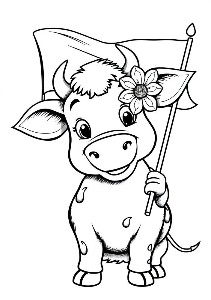 Desenho de Vaca com um Flor Estandarte para colorir