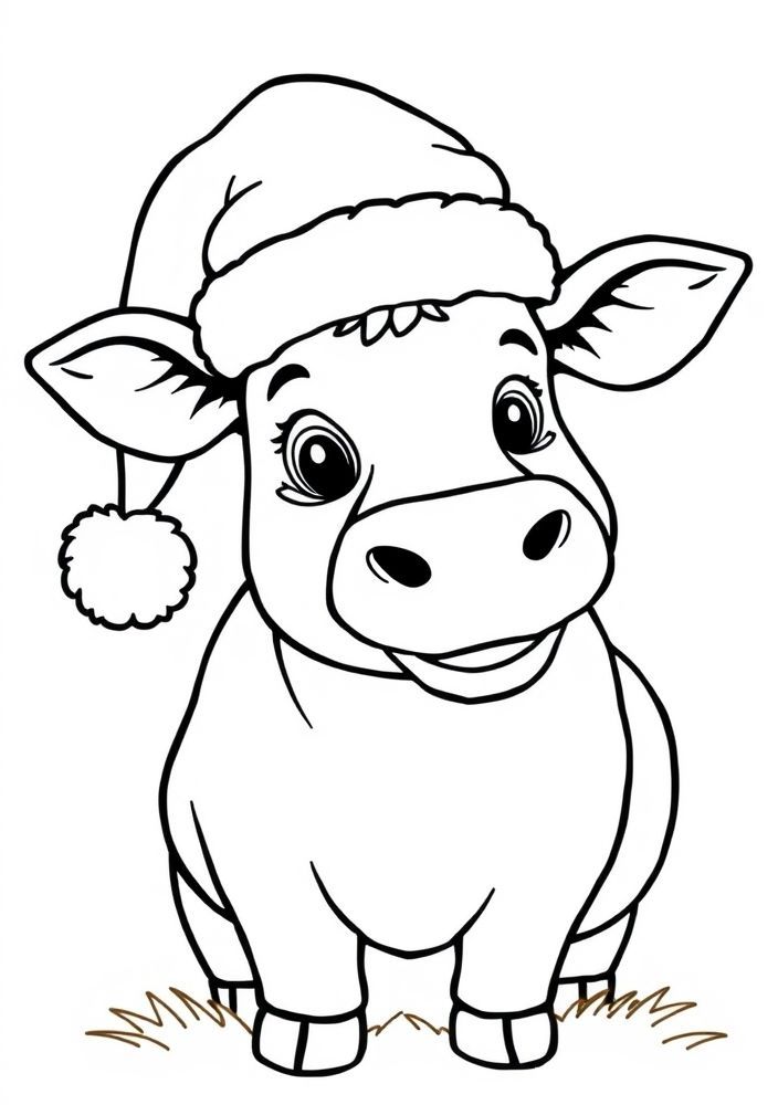Desenho de Vaca de Natal com Gorros para colorir