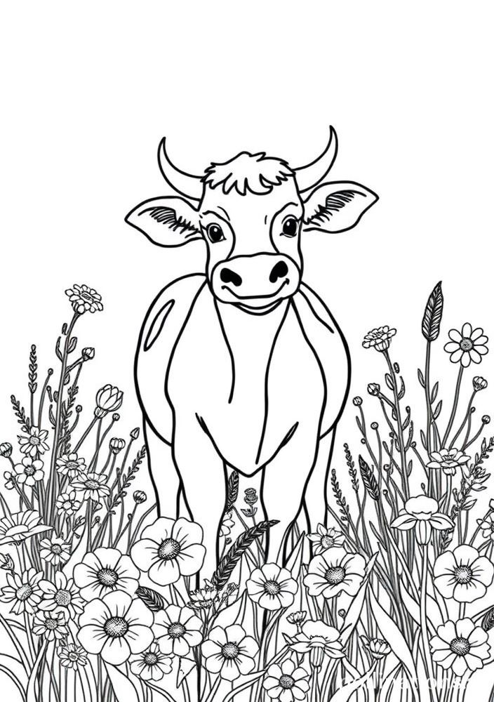 Desenho de Vaca em um campo de flores para colorir