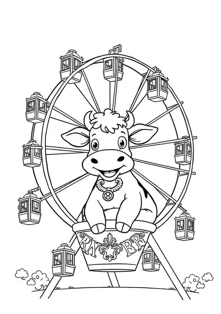 Desenho de Vaca em uma roda-gigante para colorir