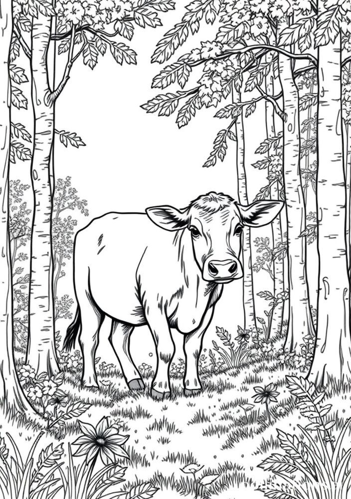 Desenho de Vaca na floresta para colorir