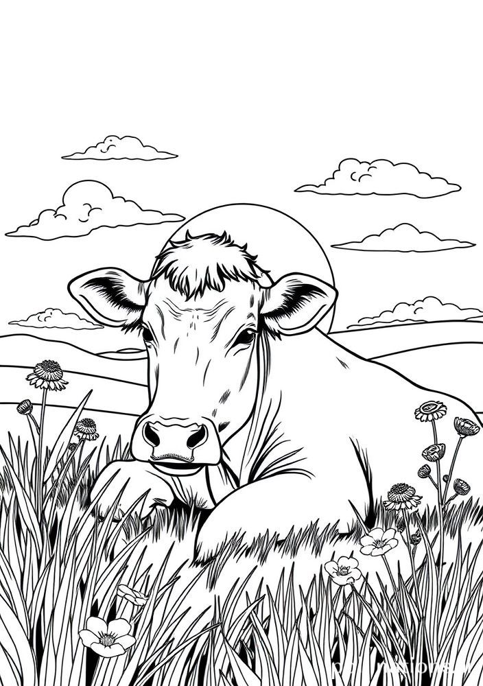 Desenho de Vaca no pôr do sol para colorir