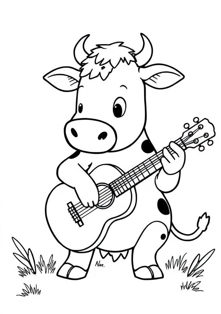 Desenho de Vaca tocando violão para colorir