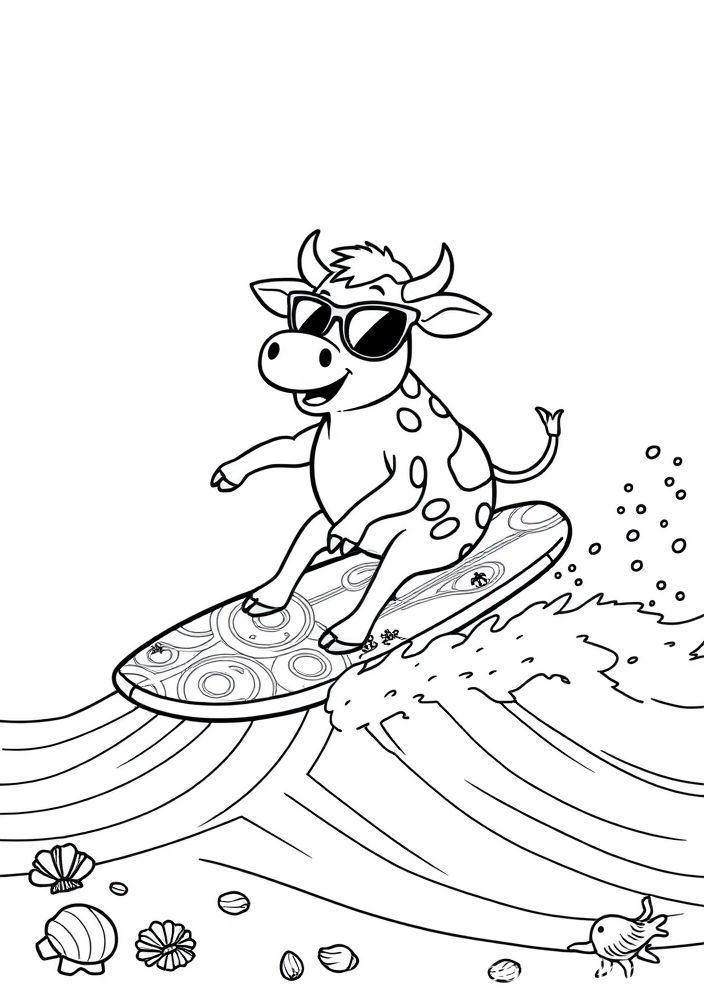 Desenho de Vaquinha Surfista na Praia