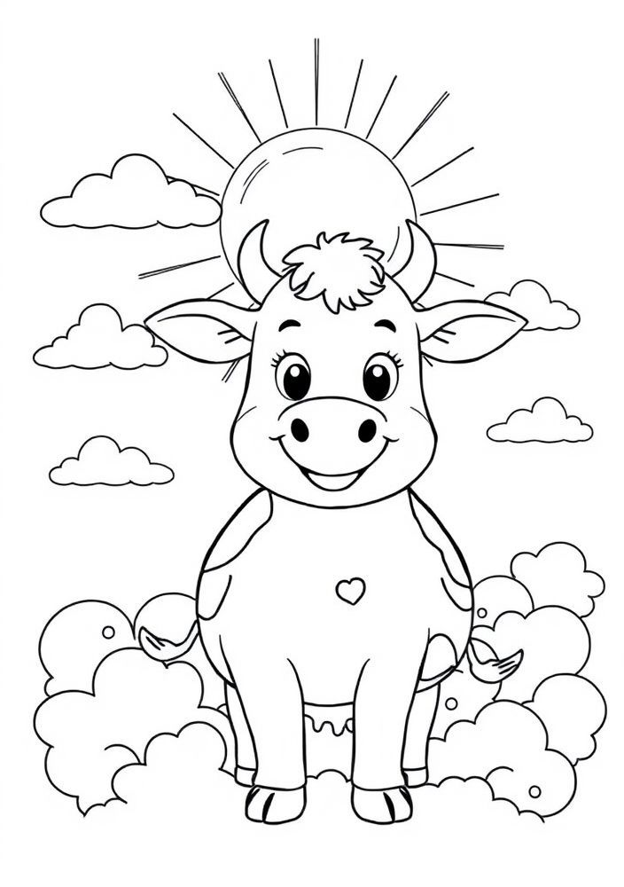 Desenho de Vaquinha com Nuvens e Sol