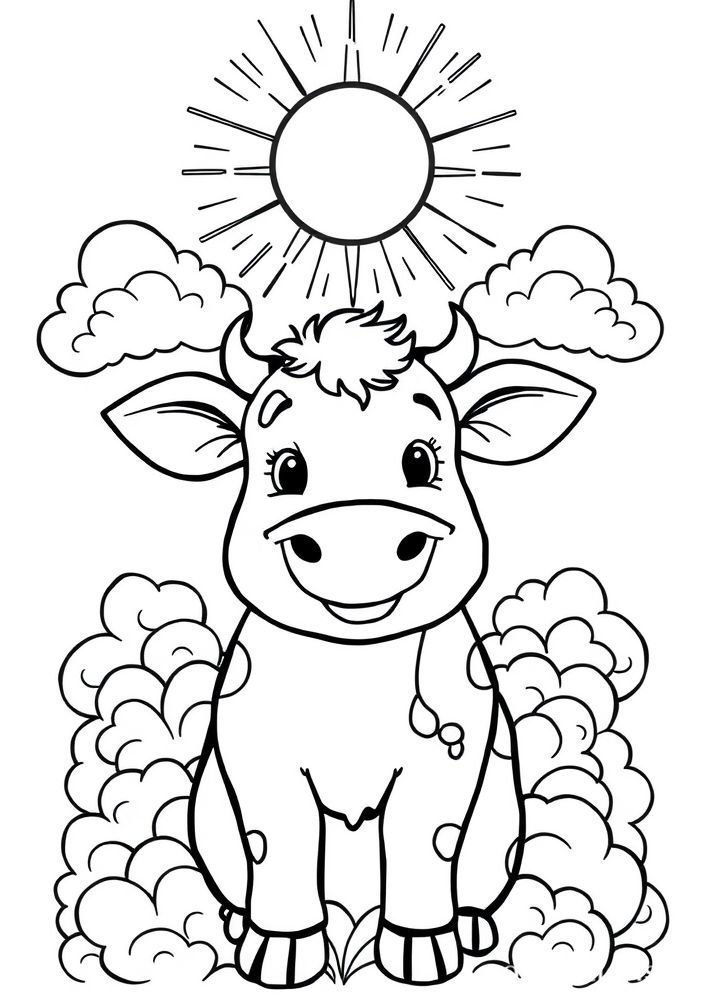 Desenho de Vaquinha com Nuvens e Sol