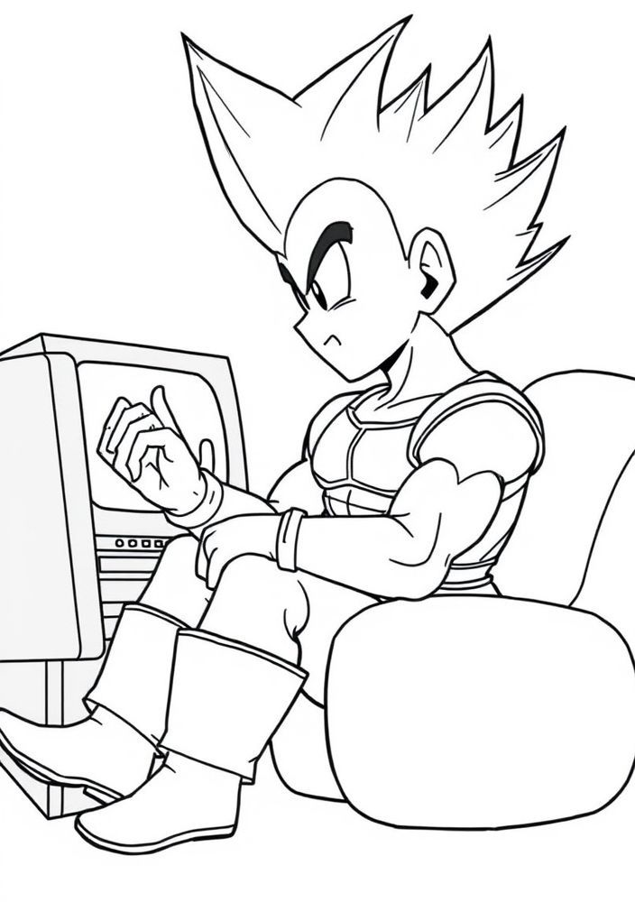 Desenho de Vegeta sentado assistindo TV para colorir