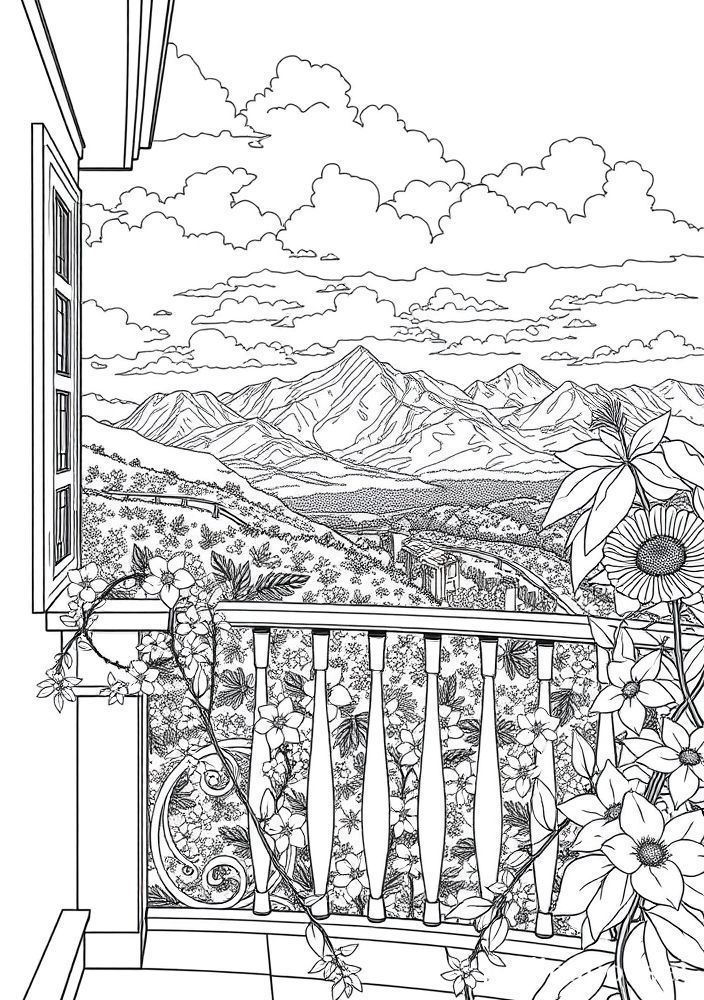 Desenho de Vista de Balcão com Flores e Montanhas para Colorir