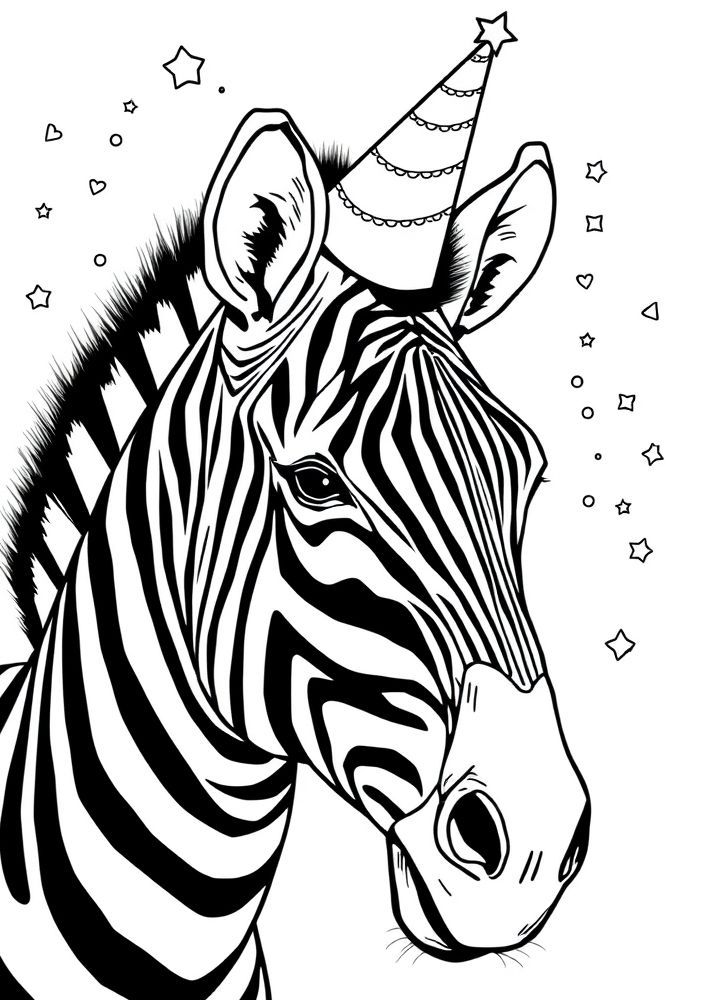 Desenho de Zebra com chapéu de festa para colorir