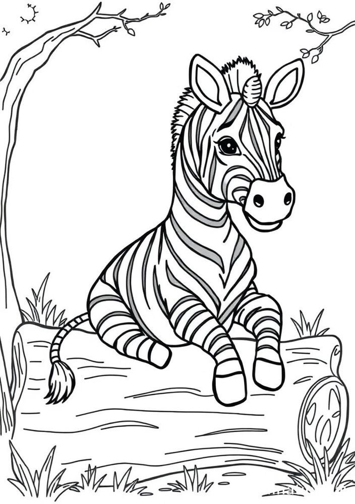 Desenho de Zebra em cima de um tronco para colorir