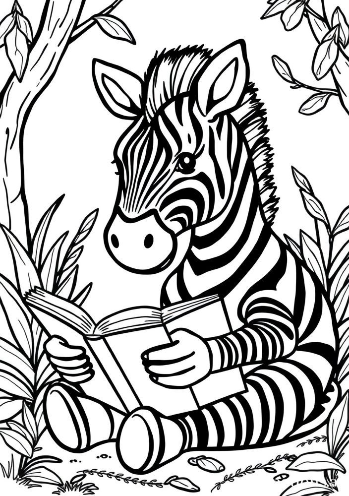 Desenho de Zebra lendo um livro para colorir