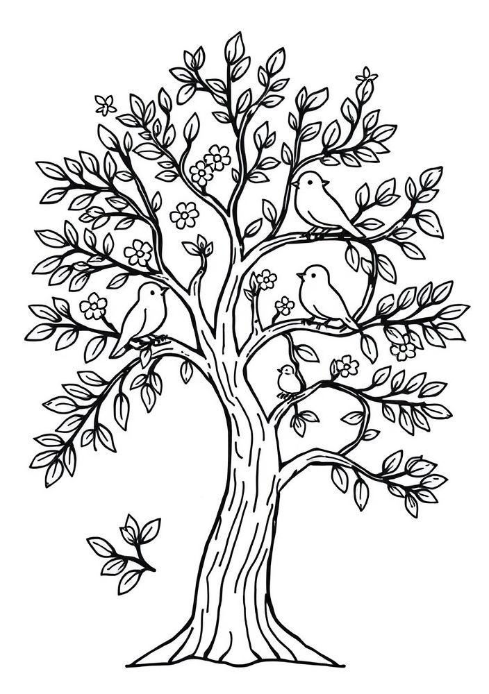 Desenho de árvore com pássaros para colorir