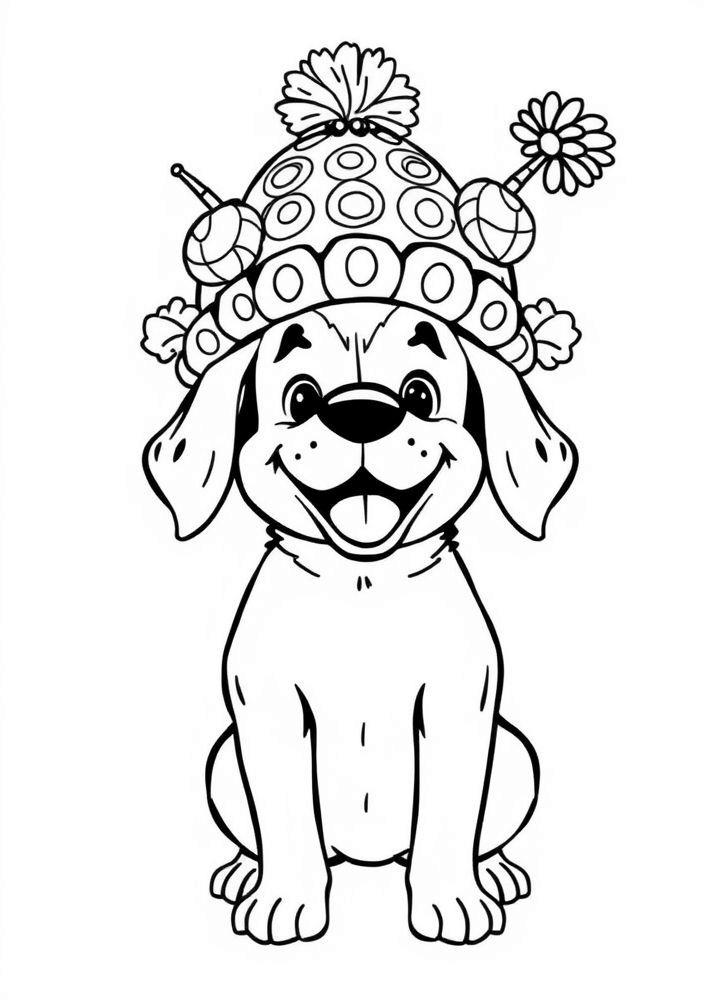 Desenho de cachorro com chapéu divertido para colorir