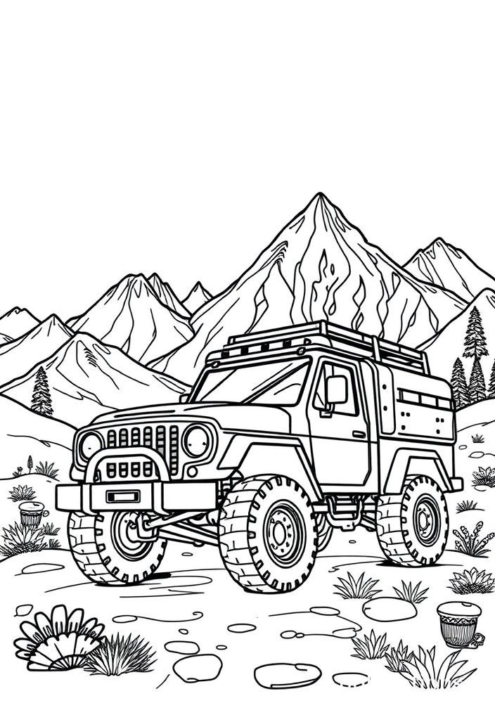 Desenho de caminhão de aventura com montanhas para colorir