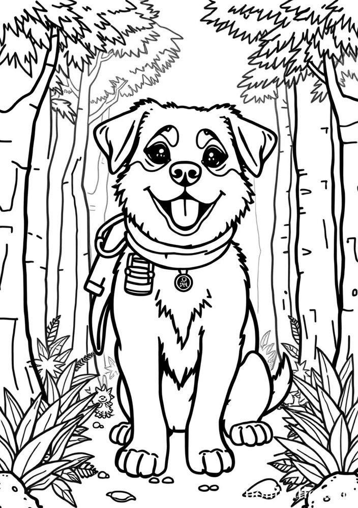 Desenho de cão explorador na floresta para colorir