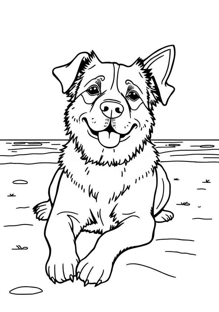 Desenho de cão relaxando na praia para colorir