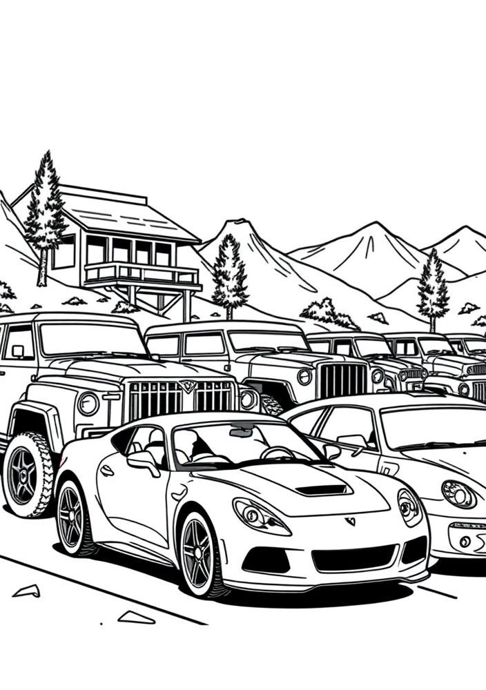 Desenho de carros parados no Radiator Springs para colorir