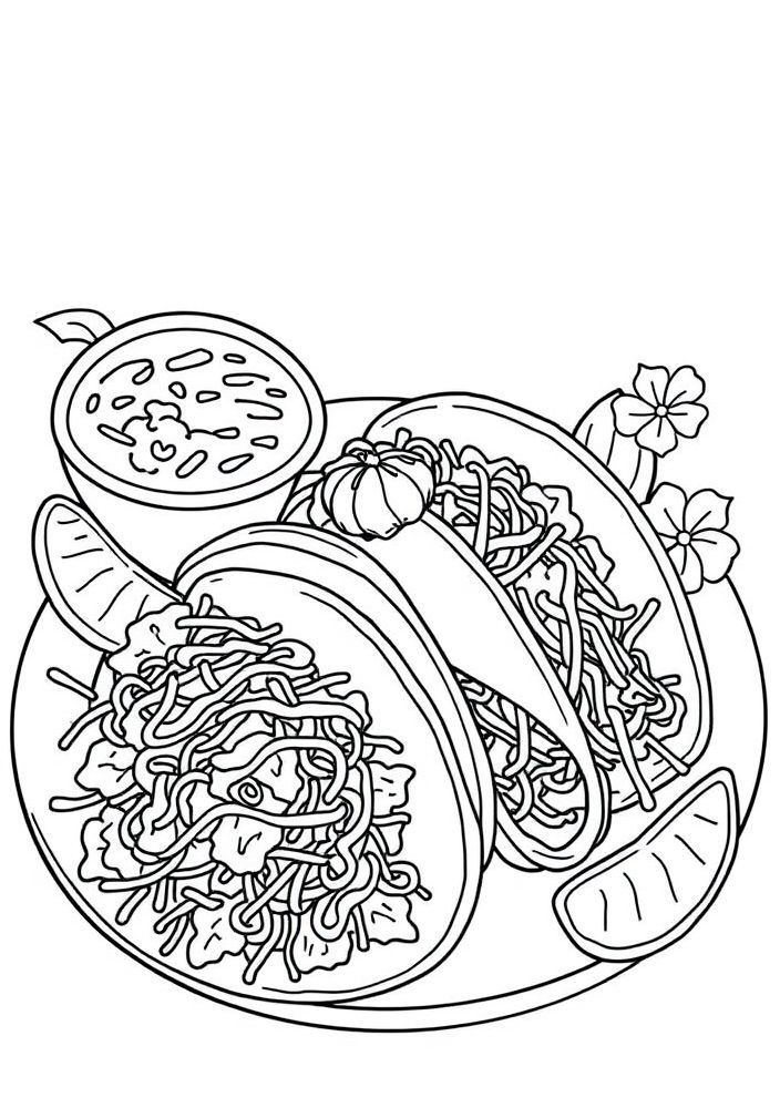Desenho de comida mexicana com tacos e guacamole para colorir